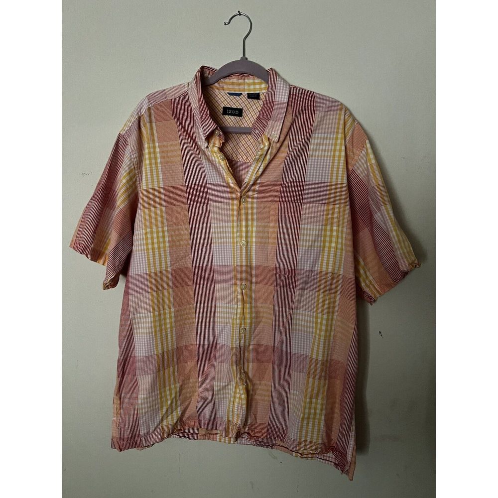 Izod Men's Button Up Short Sleeve Shirt Orange Size Large Plaid